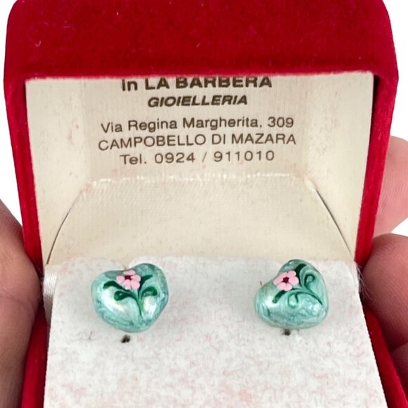 Handmade Italian Enamel Heart Earrings With Pink Flowers In Velvet Box - Picture 2 of 8
